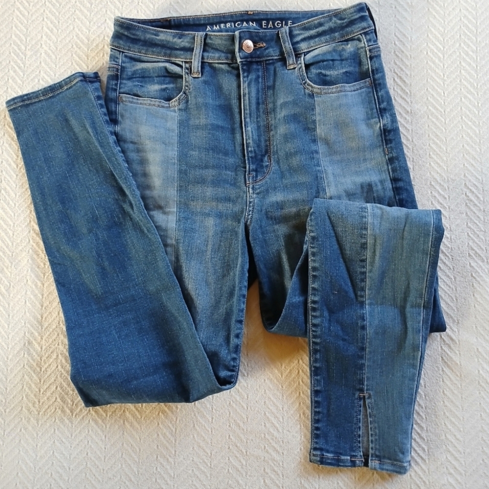 aeo ♡ highest rise jegging crop american eagle two 2 tone 6 split hem